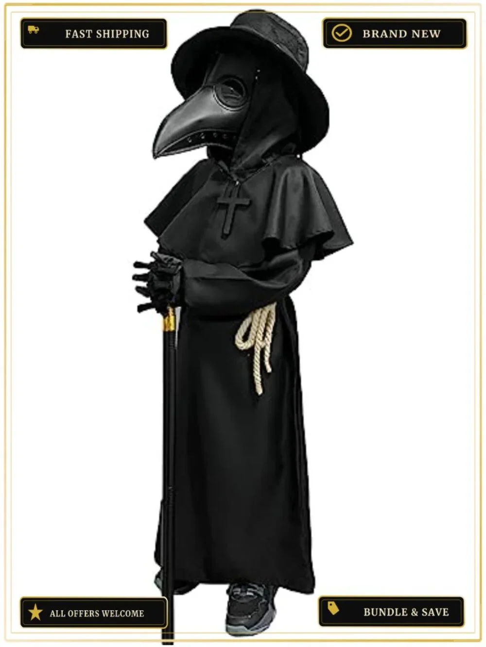 Plague Doctor Halloween Costume Kids 7-Piece PU Leather Set
